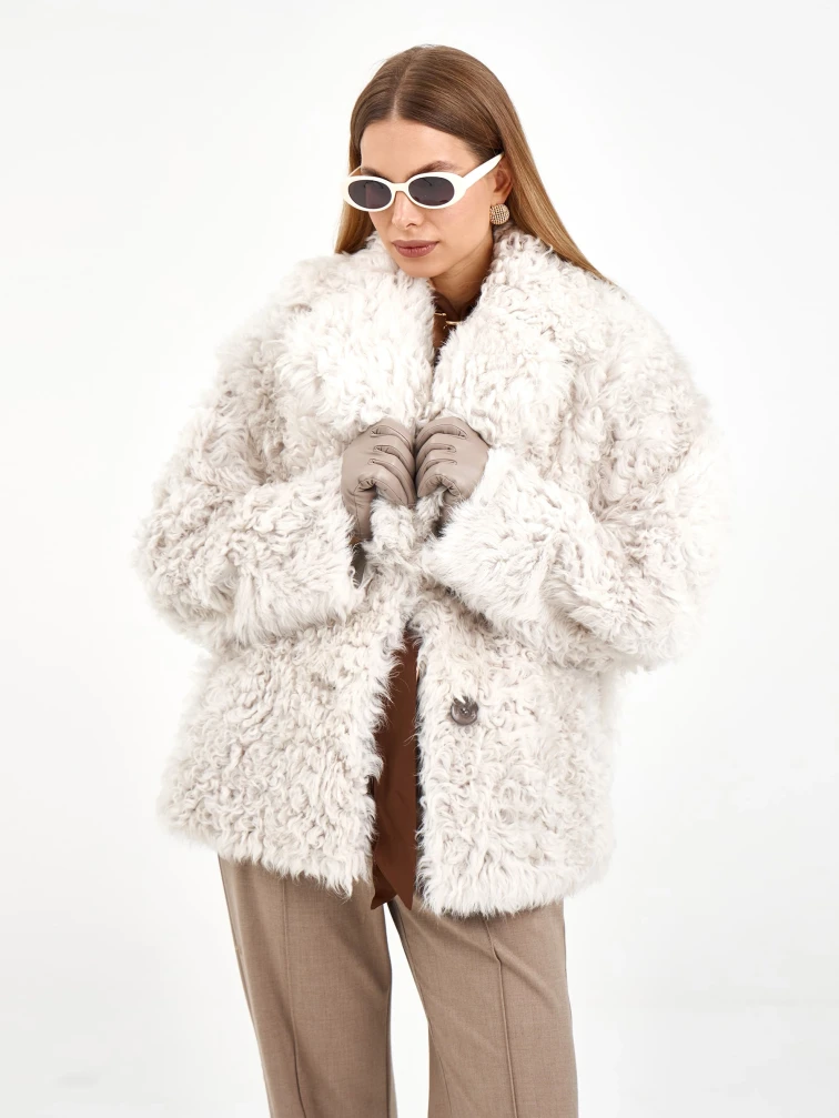 Короткая женская дубленка из тиградо 2081, белая, размер 44, артикул 65040-1
