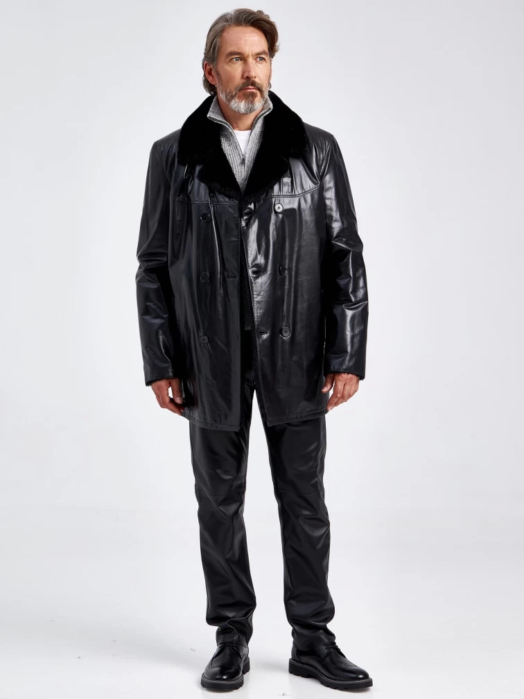 Кожаное двубортное зимнее мужское полупальто на подкладке из овчины 5235, черное, размер 46, артикул 40590-5