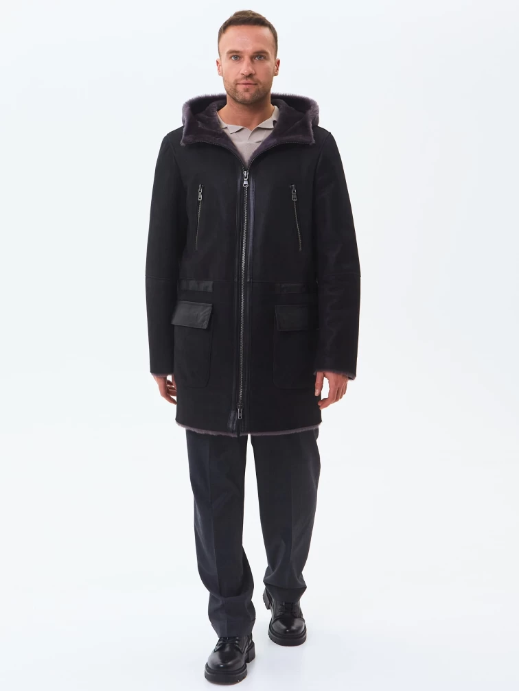 Длинная мужская дубленка с капюшоном премиум класса 429, черная, размер 52, артикул 71460-1