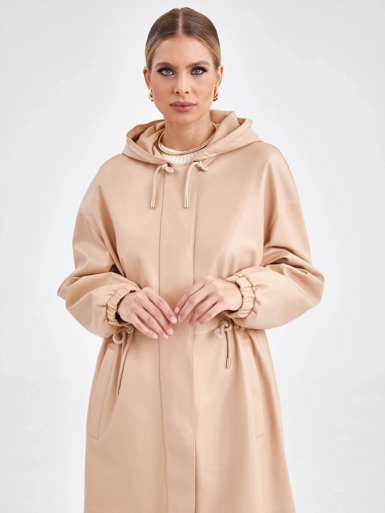 Женское кожаное пальто с капюшоном на молнии премиум класса 3033, бежевое, размер 44, артикул 63470-4