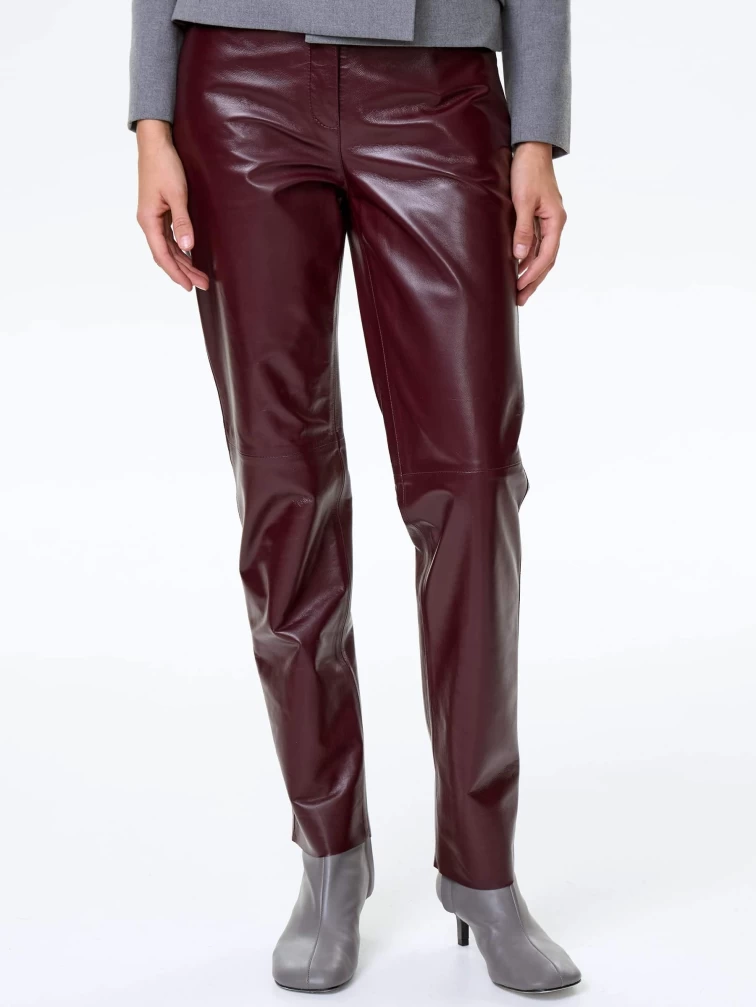 Бордовые зауженные кожаные женские брюки 02, размер 42, артикул 85492-5