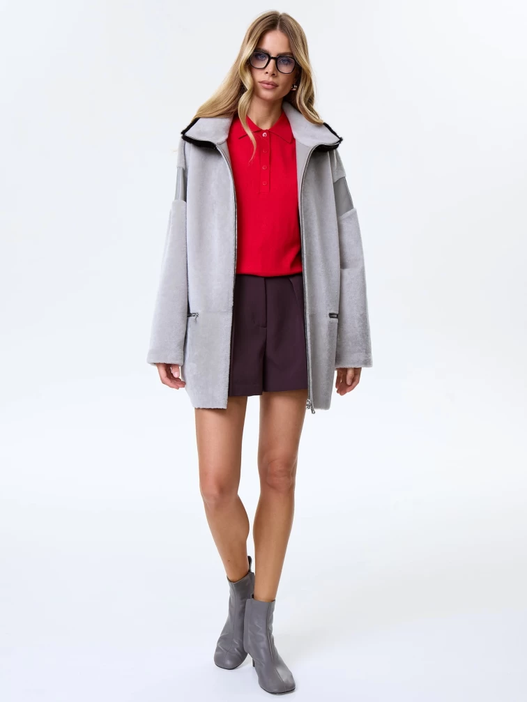 Дубленка на молнии с норковым воротником для женщин премиум класса 2057, серая, размер 44, артикул 64480-4