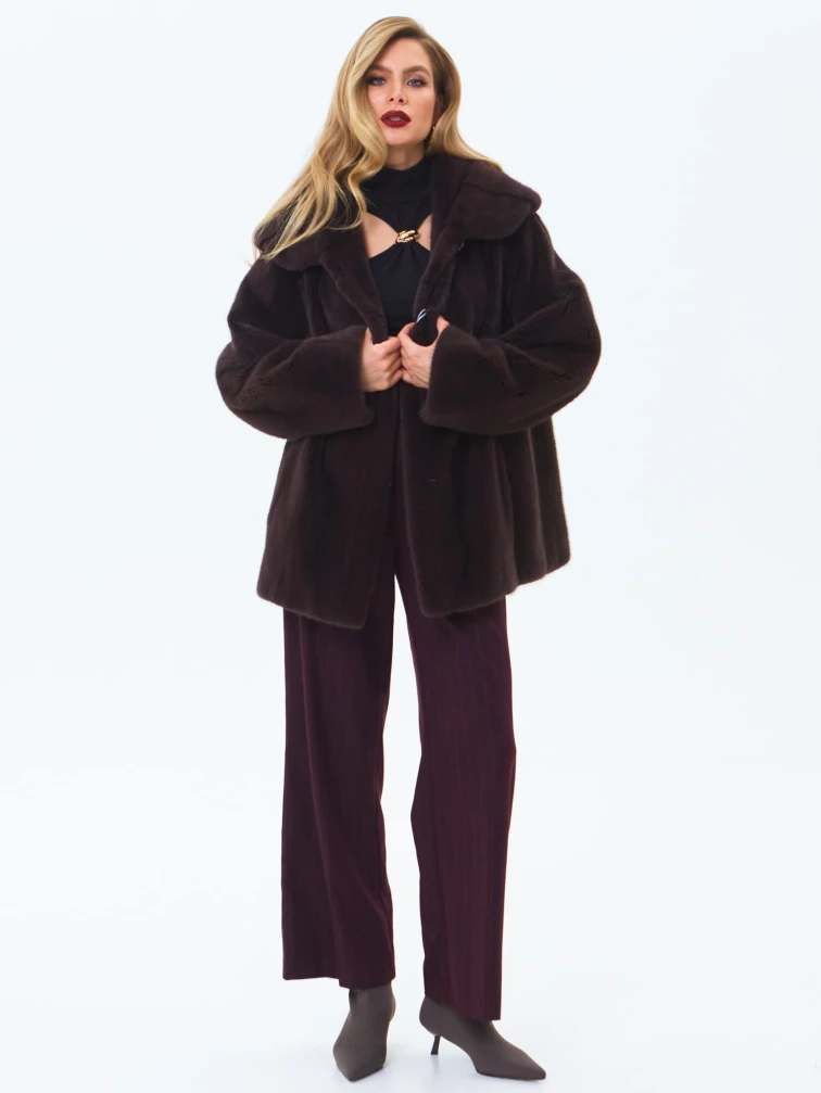 Женская норковая шуба с капюшоном премиум класса Жанета(к), коричневая, размер 58, артикул 34230-1