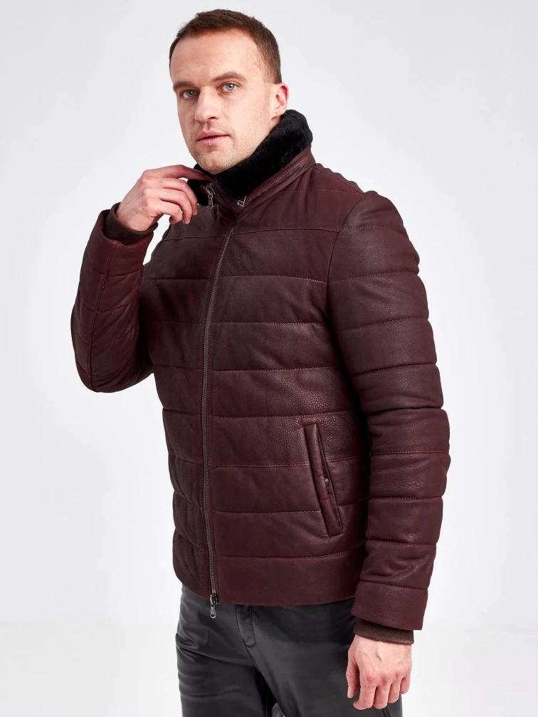 Кожаный пуховик зимний мужской 4678, короткий, бордовый, размер 50, артикул 23120-4