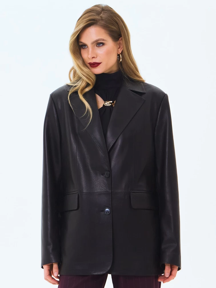 Кожаный женский пиджак премиум класса 3096, черный, размер 46, артикул 24490-4
