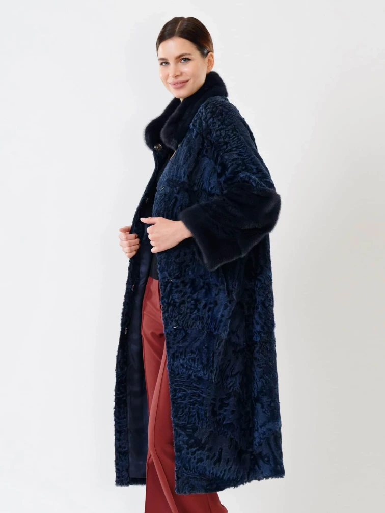 Женская шуба из меха каракуля с мехом норки 17101д(сн), синяя, размер 44, артикул 22580-1