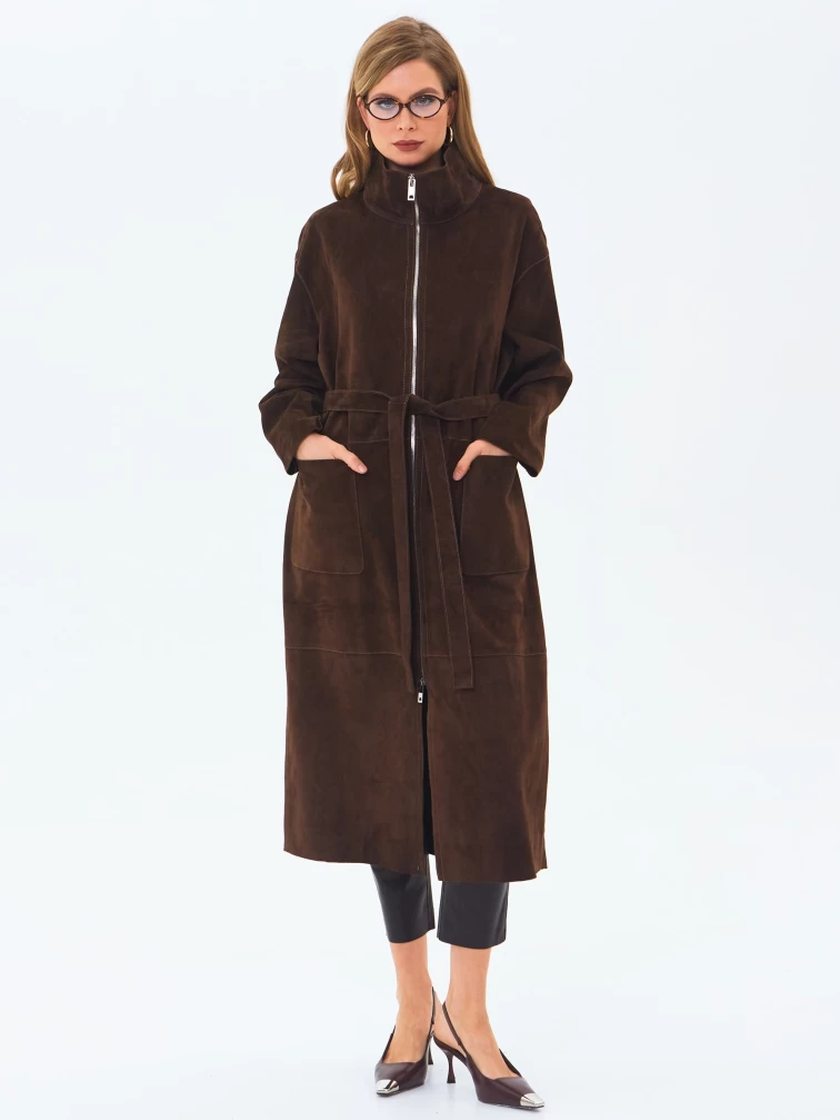 Длинный женский замшевый плащ премиум класса 3082з, коричневый, размер 48, артикул 24670-0