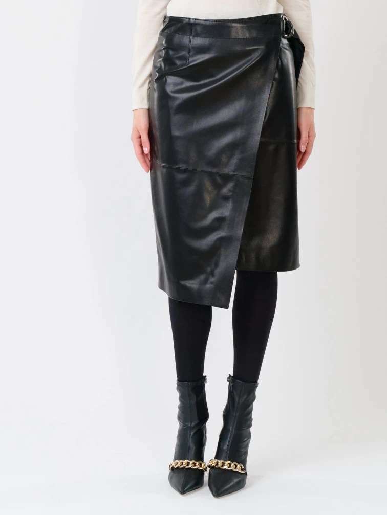 Кожаная юбка миди с запахом 07, черная, размер 44, артикул 85301-4