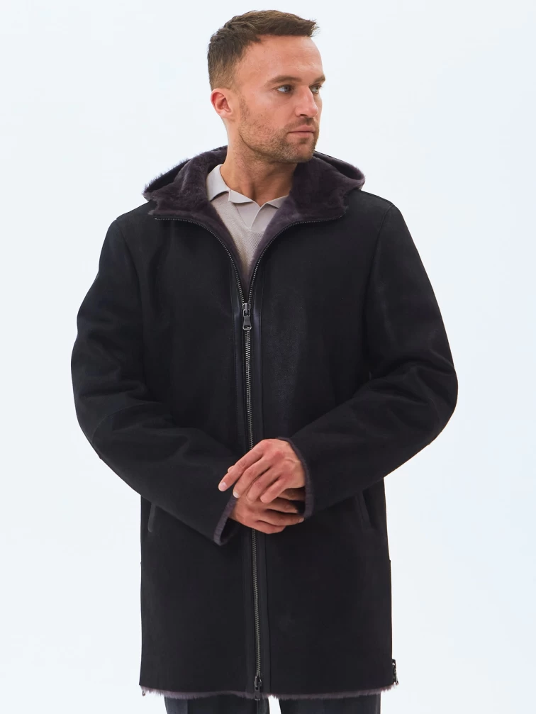 Длинная мужская дубленка из натуральной овчины премиум класса 438, черная, размер 52, артикул 41190-0