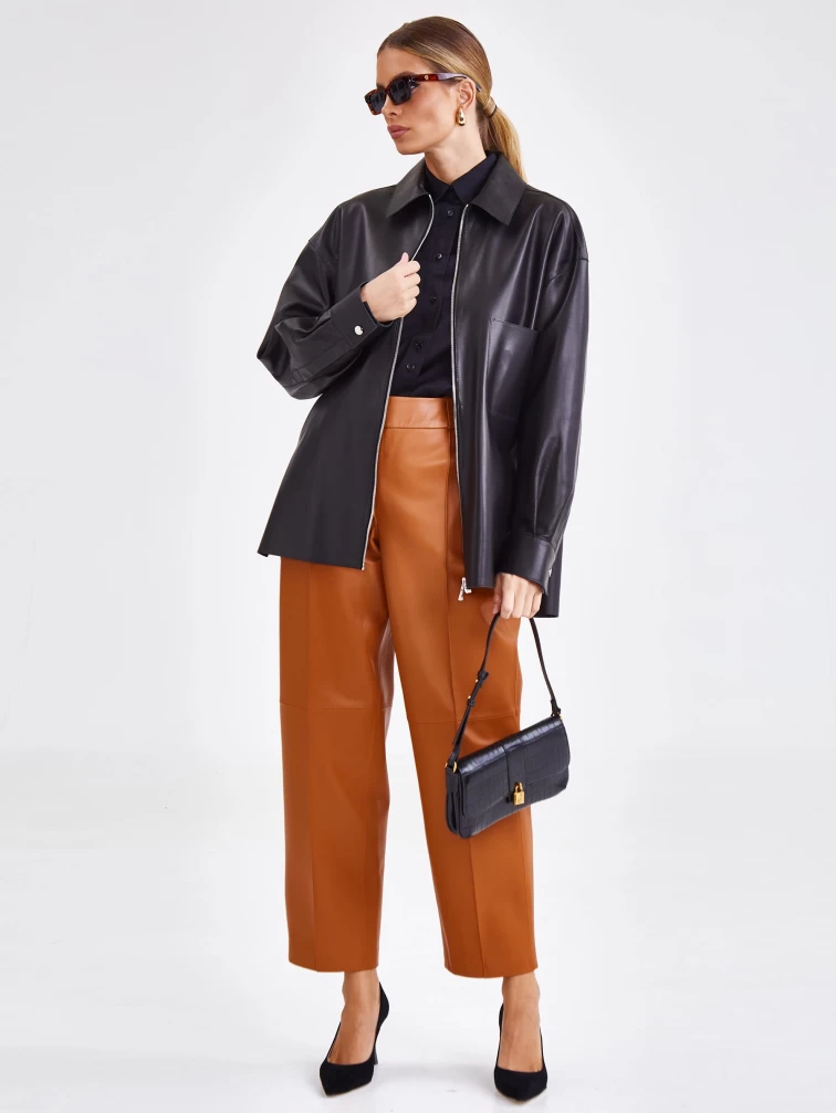 Кожаная женская рубашка на молнии из натуральной кожи премиум класса 03, черная, размер 44, артикул 23231-0