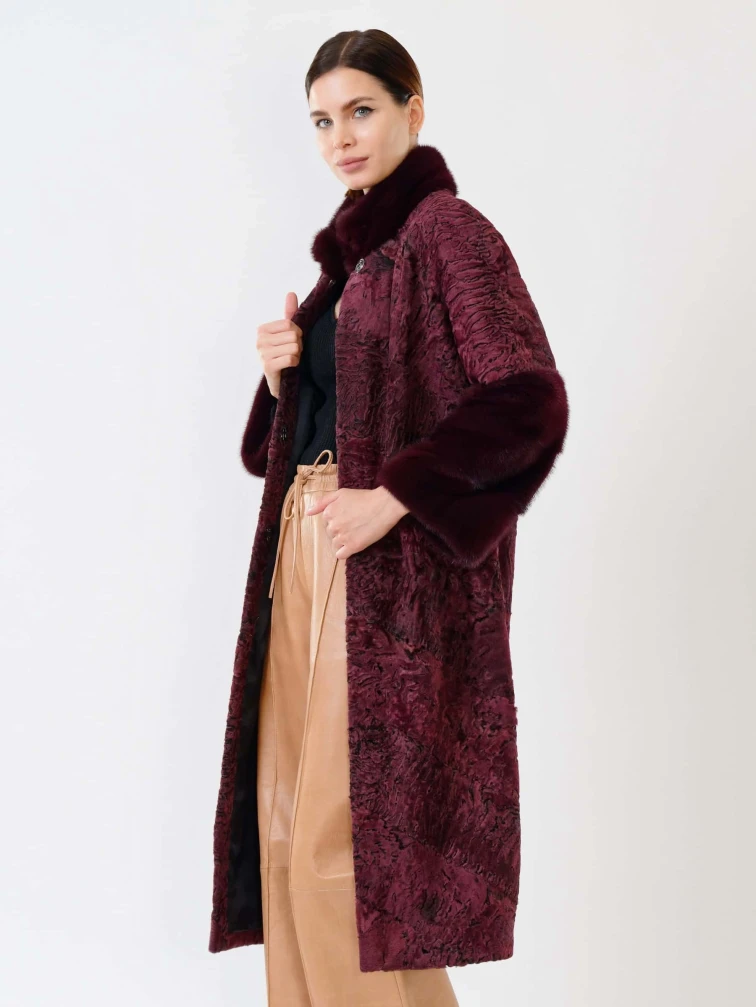 Женская шуба из меха каракуля с мехом норки 17101д(сн), бордовая, размер 44, артикул 22620-6