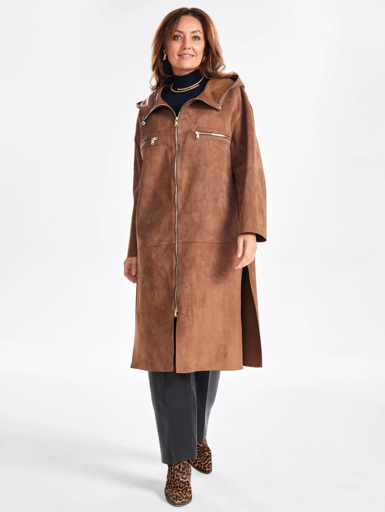 Замшевое женское пальто оверсайз с капюшоном на молнии премиум класса 3058з, светло-коричневое, размер 52, артикул 25700-2