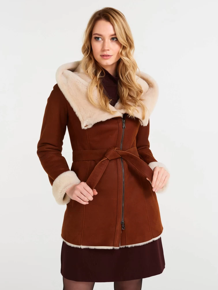 Короткая женская дубленка косуха с капюшоном 200, табачно-рыжая, размер 44, артикул 61250-1