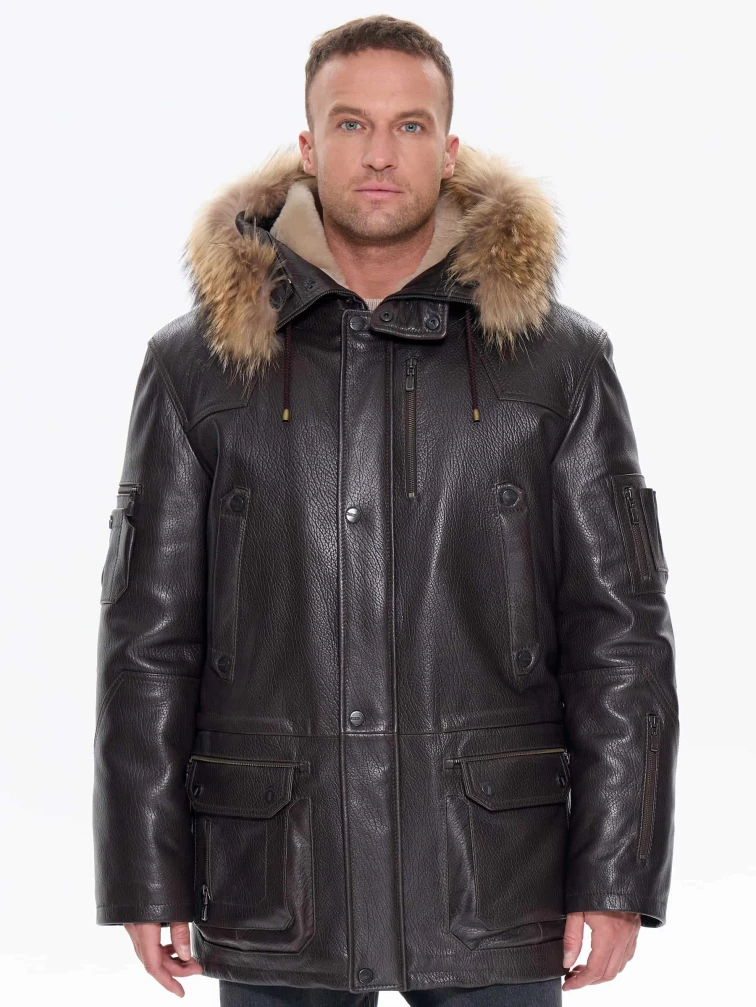 Утепленная мужская кожаная куртка аляска с мехом енота Алекс, коричневая, размер 52, артикул 40300-7