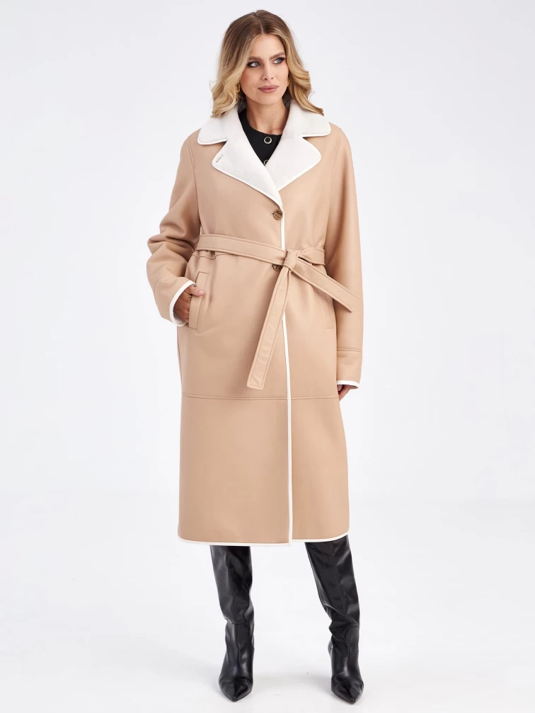 Длинная классическая дубленка премиум класса для женщин 2009н, бежевая, размер 46, артикул 63210-6