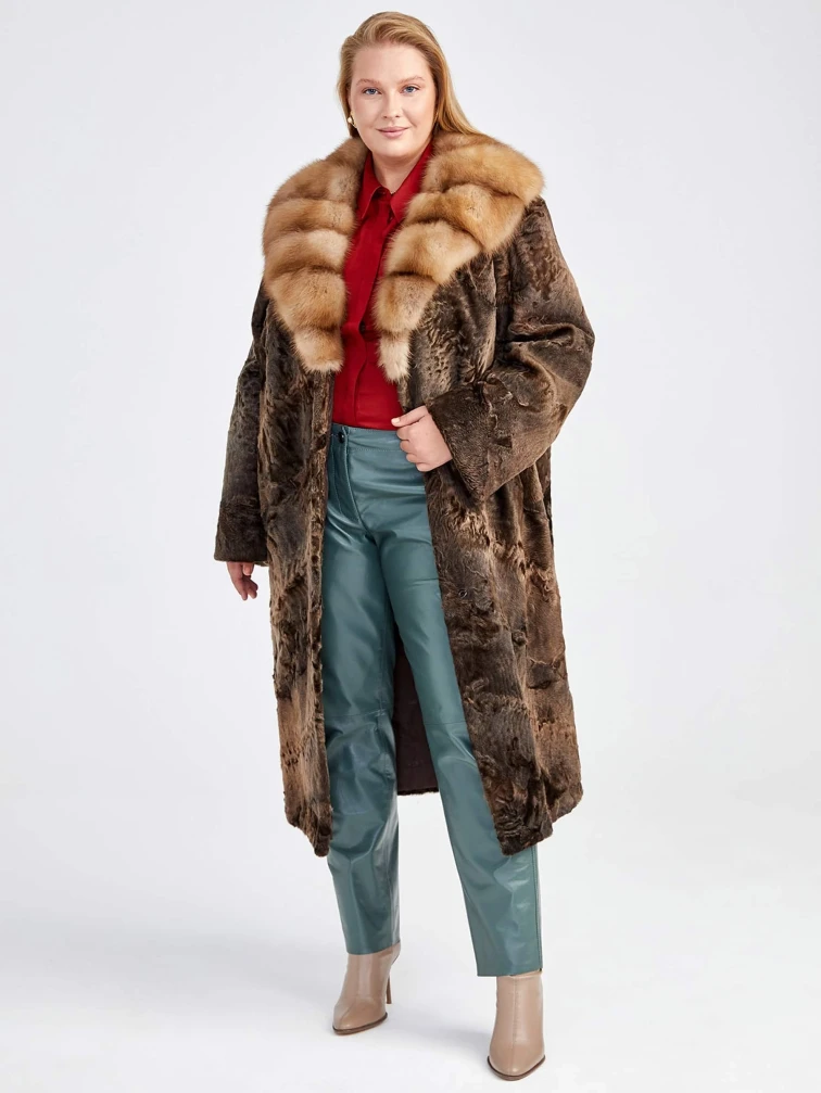 Шуба женская из меха каракуля с мехом куницы Екатерина(вк), коричневая сур, размер 54, артикул  22740-2
