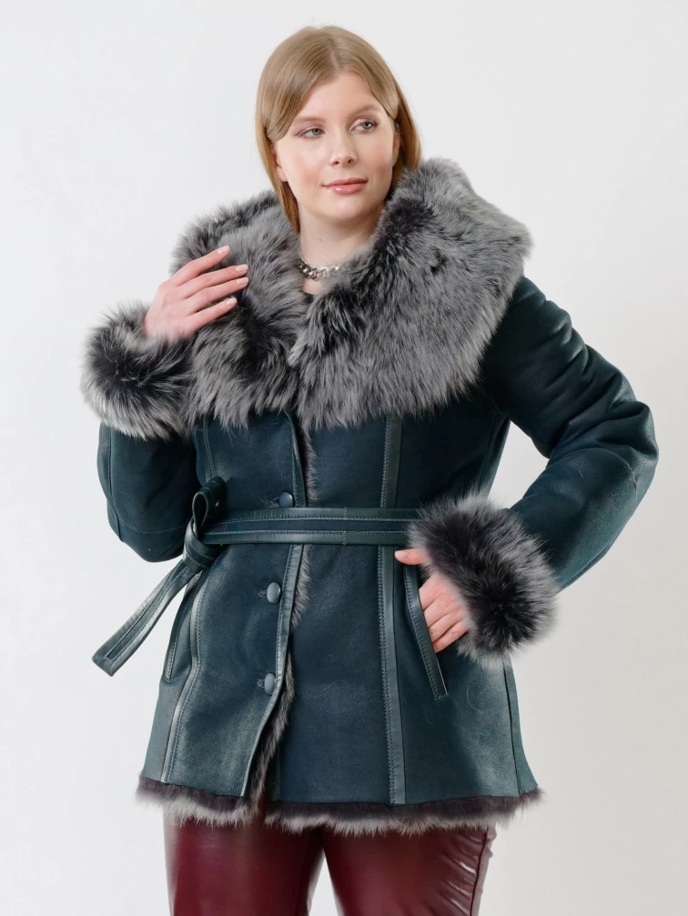 Короткая женская дубленка из тосканы с капюшоном 122, синяя, размер 40, артикул 62040-0