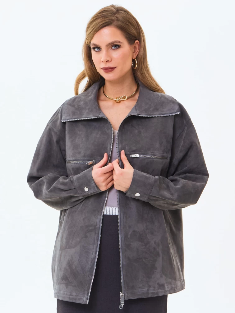 Удлиненная женская замшевая куртка премиум класса 3084з, серая, размер 46, артикул 24680-4