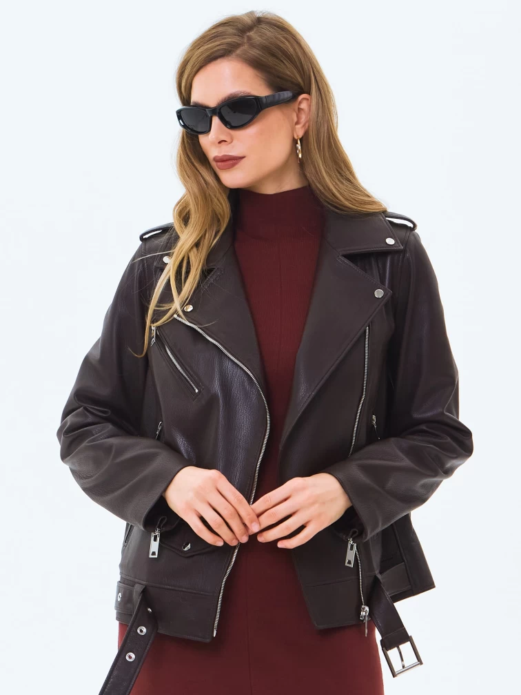 Кожаная женская куртка косуха с поясом премиум класса 3078, коричневая, размер 42, артикул 24580-3