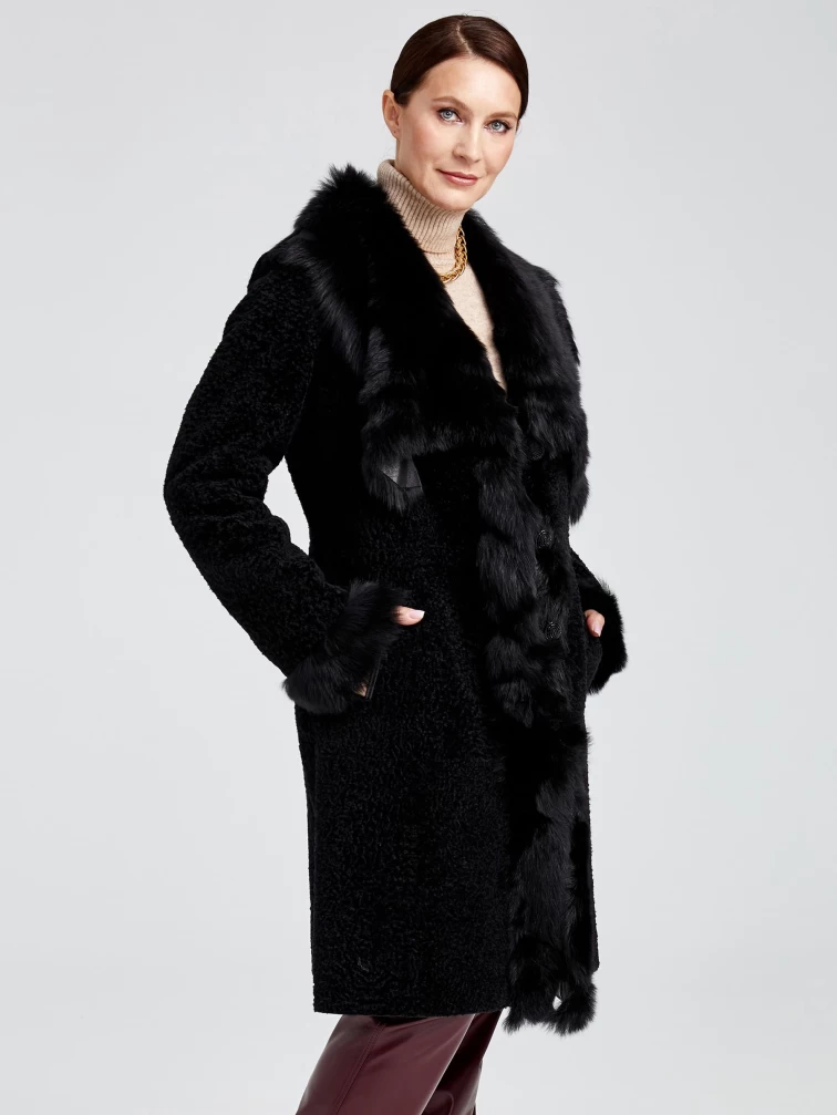 Шуба из астрагана женская с отделкой из меха тосканы 12мех, коричневая, размер 42, артикул 13620-2