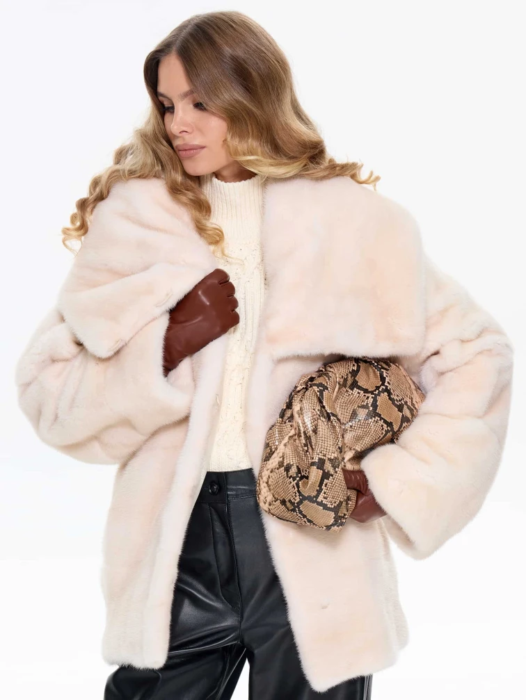 Поперечная женская норковая шуба BRASCHI LS 005, бежевая, размер 40, артикул 34350-4