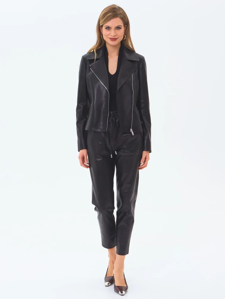 Короткая женская кожаная куртка косуха премиум класса 3095, черная, размер 46, артикул 24440-4