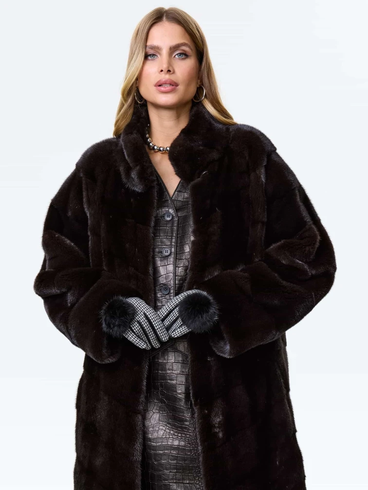 Норковая женская шуба с воротником стойка София(в), коричневая, размер 50, артикул 34060-0
