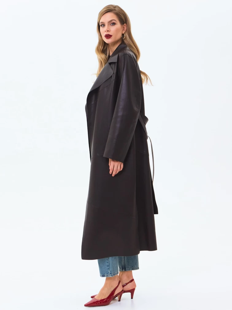 Длинный женский кожаный плащ премиум класса 3081, коричневый, размер 50, артикул 24660-2