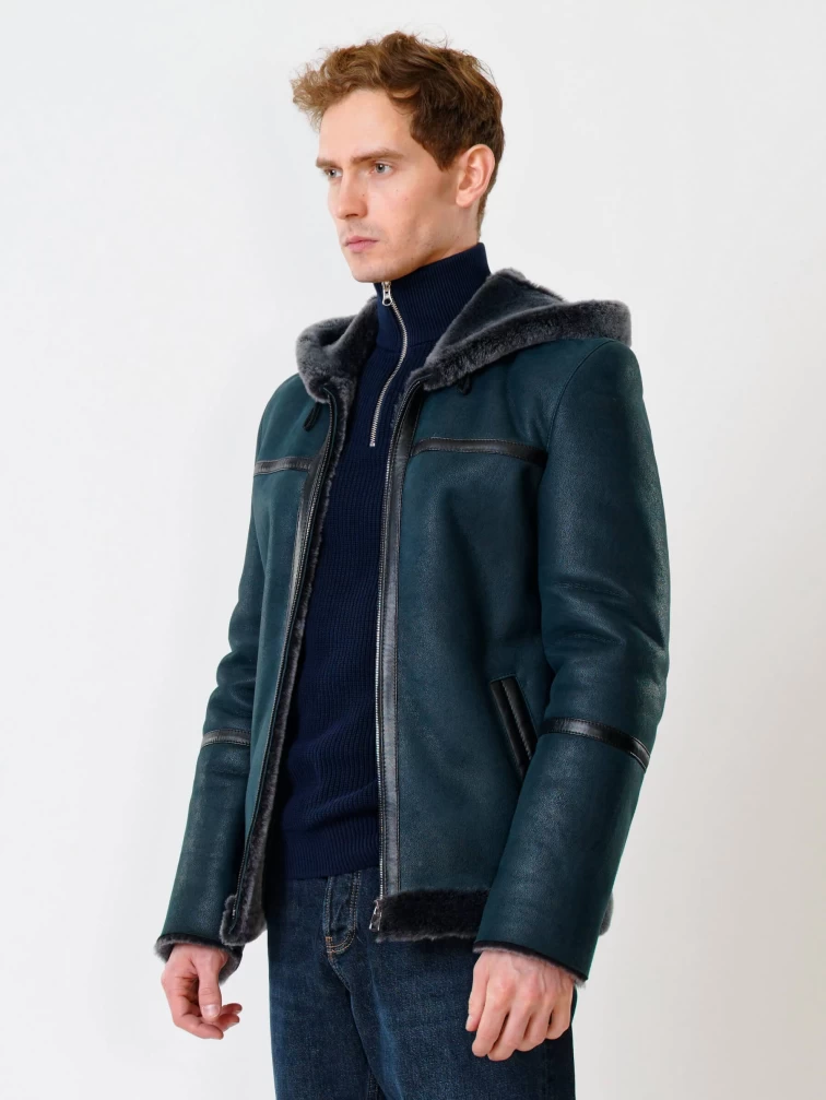 Короткая мужская дубленка с капюшоном премиум класса 425, синяя, размер 50, артикул 70320-2