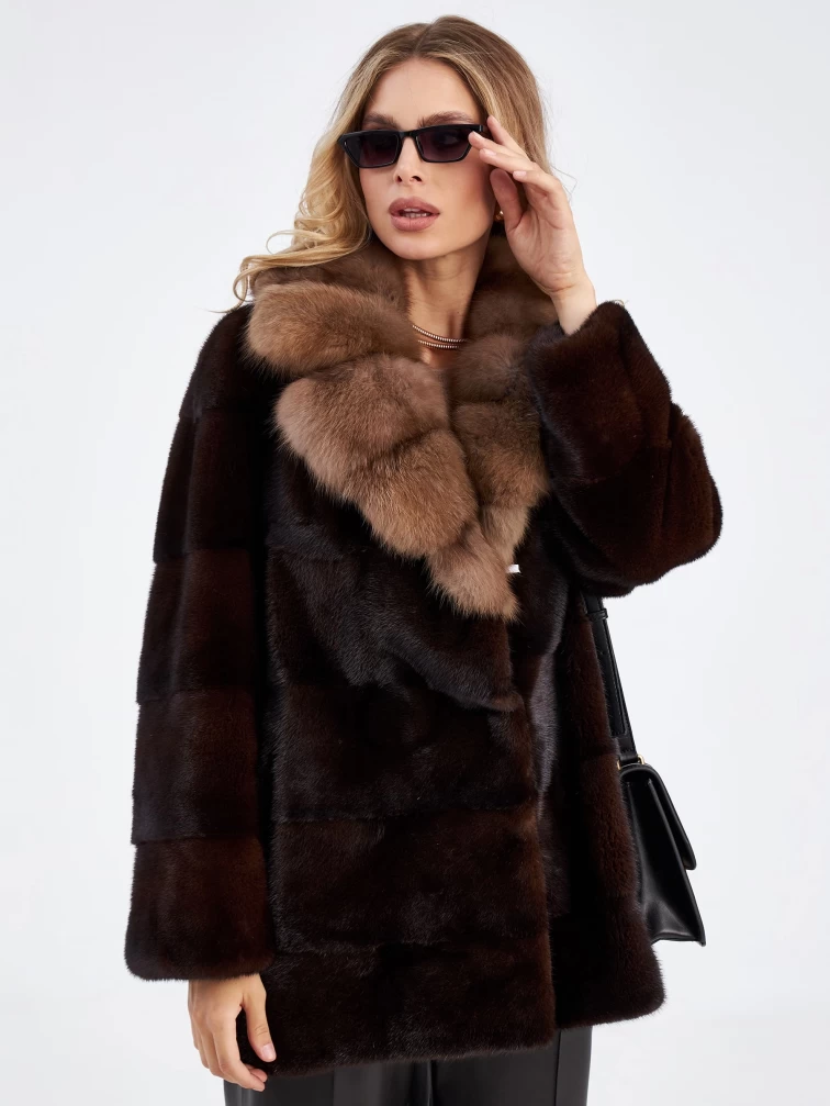 Женская куртка автоледи из меха норки с воротником из меха куницы 2а-к(авк), темно-коричневая, размер 48, артикул 33830-2