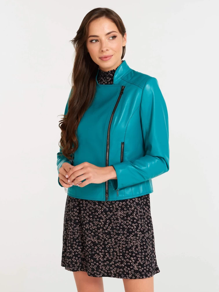 Кожаная куртка косуха женская 300, бирюзовая, размер 46, артикул 18790-0