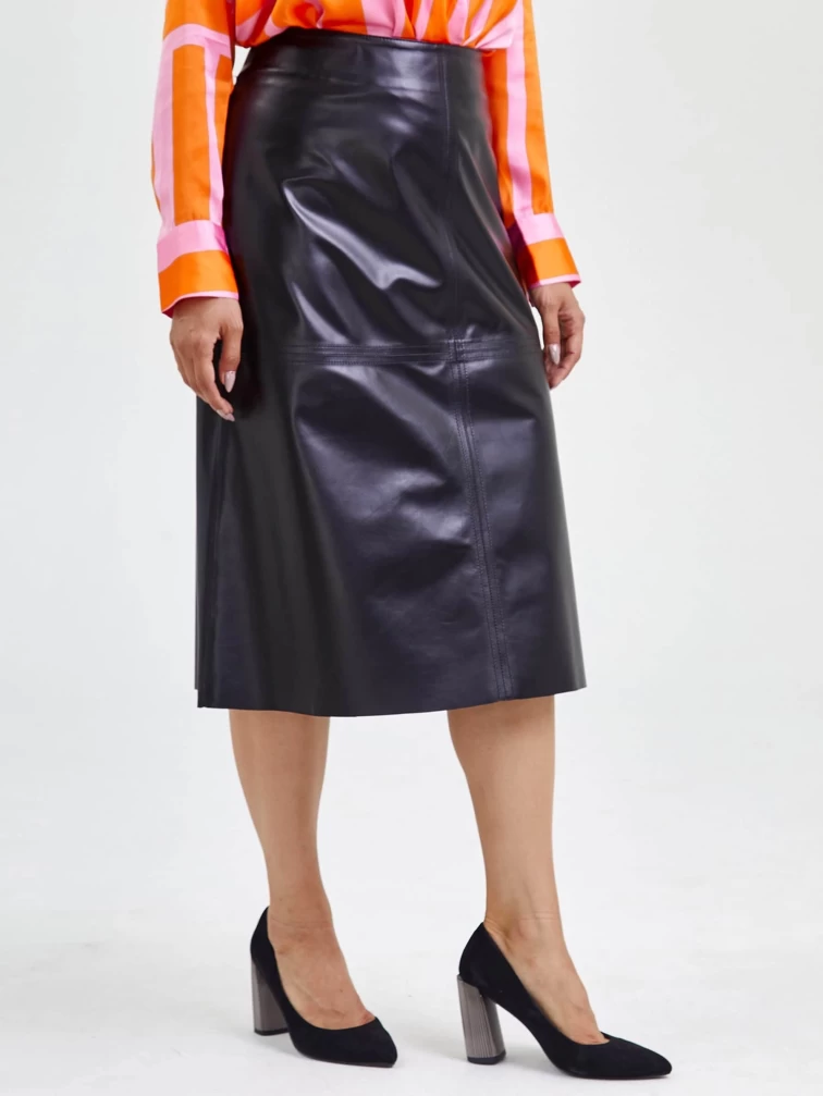 Кожаная юбка миди 09, черная, размер 46, артикул 85560-1
