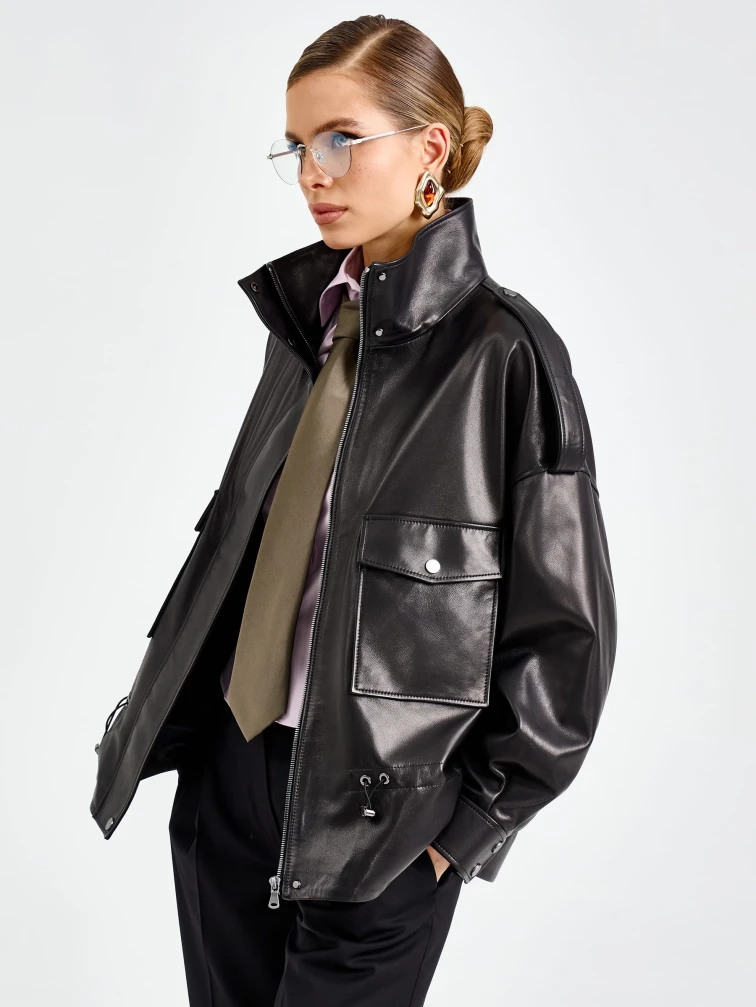 Черная женская кожаная куртка премиум класса 3101, размер 42, артикул 92200-5