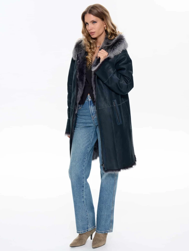 Женская дубленка с капюшоном из тосканы 2067, синяя, размер 46, артикул 64740-1