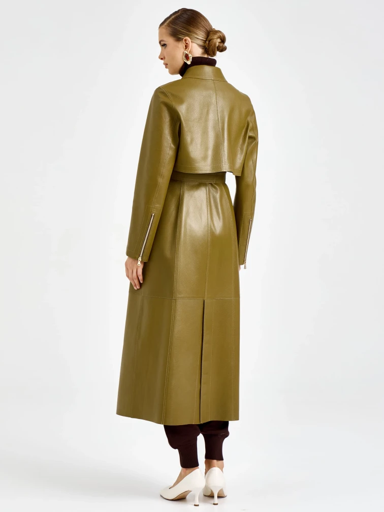 Зеленый женский длинный кожаный плащ премиум класса 3103, размер 44, артикул 92130-5
