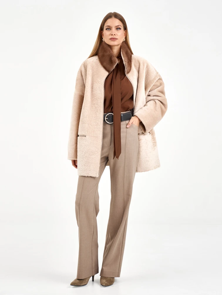 Белая дубленка из астрагана с норкой 59мех, размер 50, артикул 65130-7