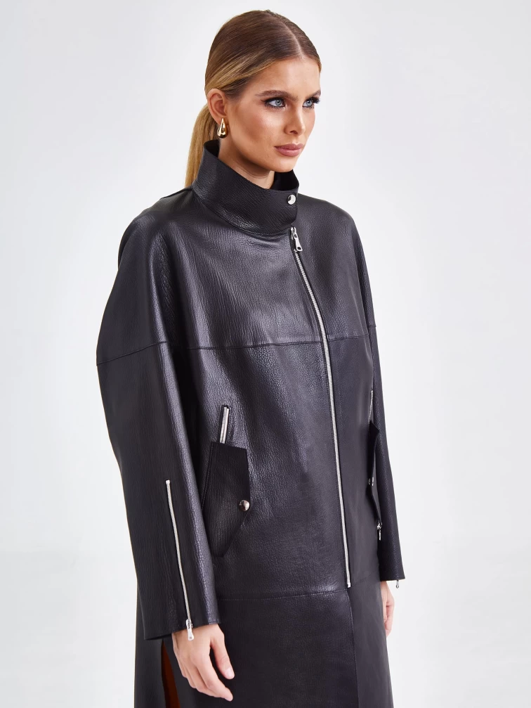 Женский кожаный плащ на молнии премиум класса 3041, черный, размер 48, артикул 91891-5