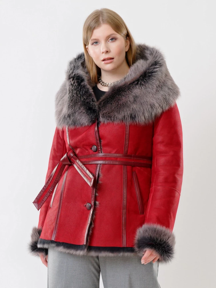 Короткая женская дубленка из тосканы с капюшоном 122, красная, размер 44, артикул 62050-1