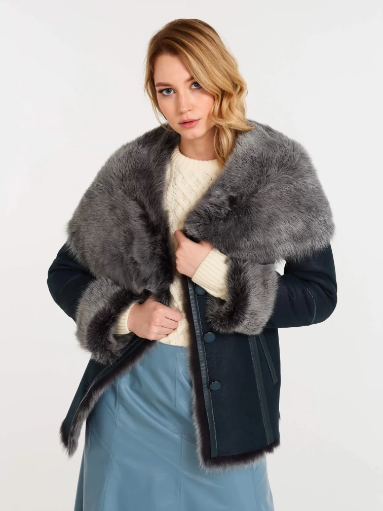 Зимний комплект женский: Дубленка 122 + Кожаная юбка 04, синий/голубой, р. 44, арт. 111329-3