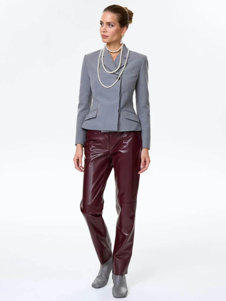 Бордовые зауженные кожаные женские брюки 02, размер 42, артикул 85492-0