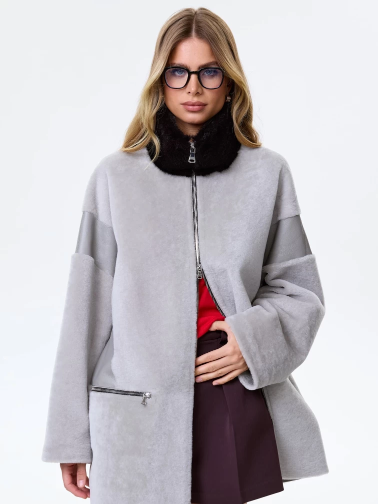 Женское полупальто с норковым воротником из натуральной овчины премиум класса 2057, серое, размер 44, артикул 64500-3