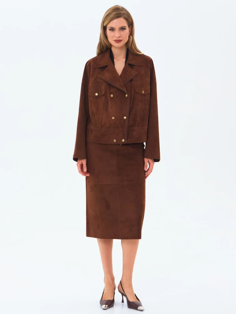 Короткая женская замшевая куртка косуха премиум класса 3085з, коньячная, размер 46, артикул 24620-6