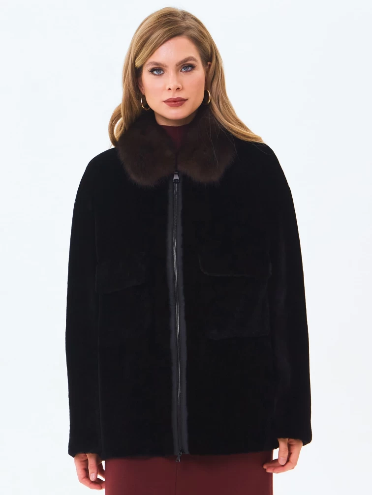 Дубленка женская из астрагана с воротником куницей 2063, черная, размер 46, артикул 64660-3