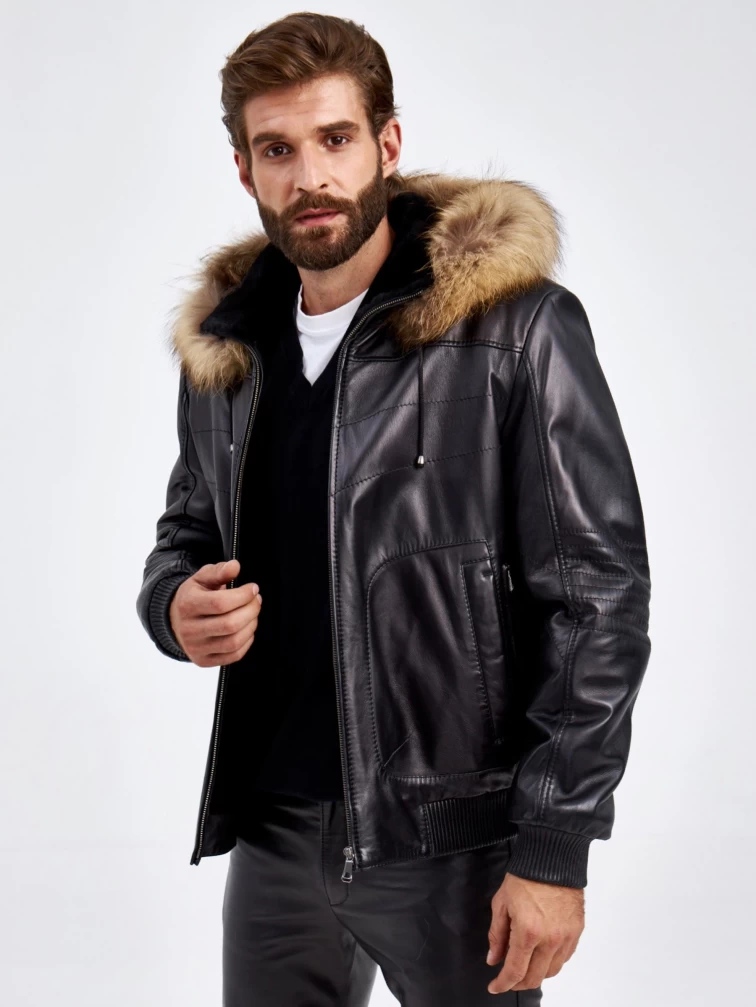 Кожаная мужская дубленка с капюшоном 4726, черный, размер 50, артикул 70910-3