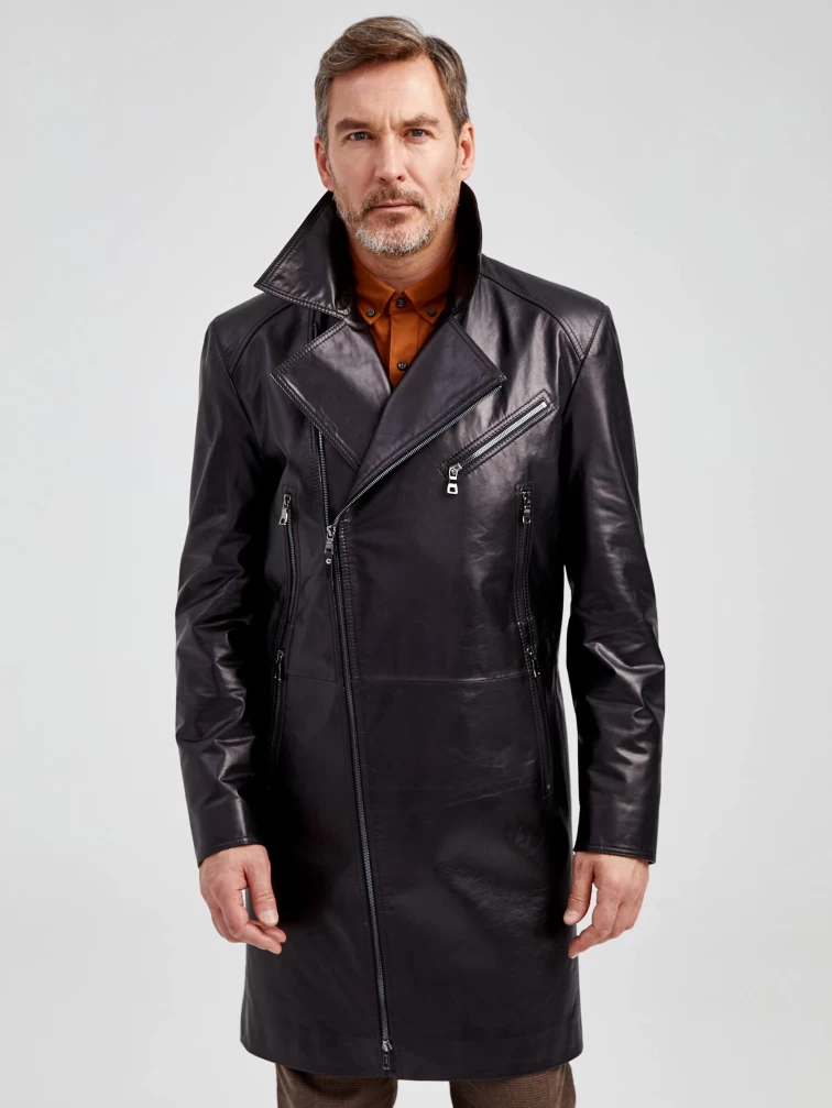 Мужской кожаный плащ косуха премиум класса 554, черный, размер 54, артикул 40551-1
