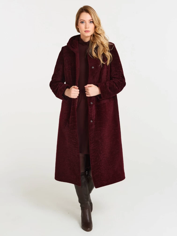 Дубленка женская из астрагана с капюшоном 49мех, бордовая, размер 46, артикул 17481-1