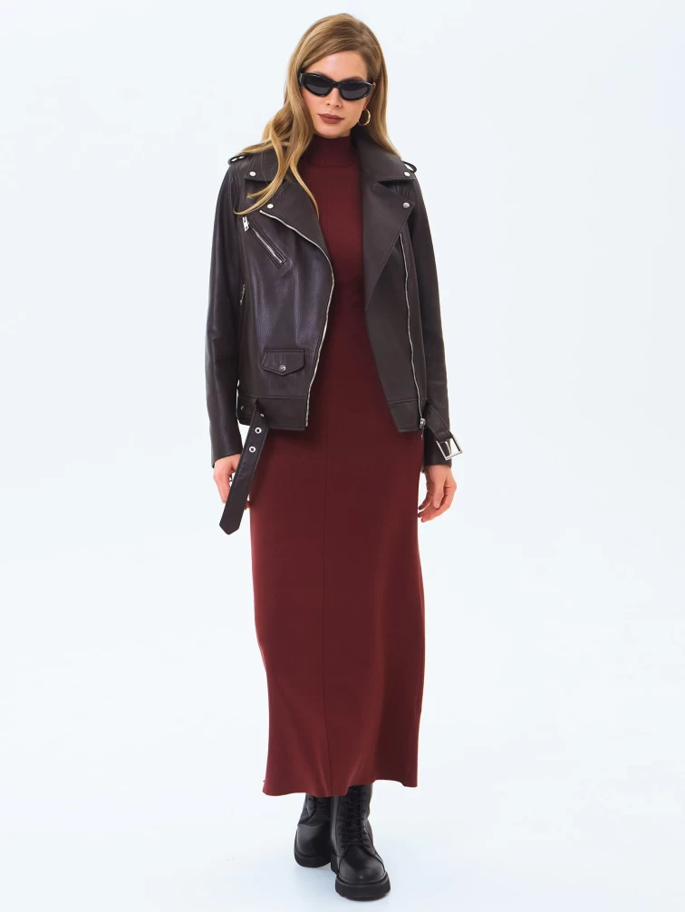 Кожаная женская куртка косуха с поясом премиум класса 3078, коричневая, размер 42, артикул 24580-1