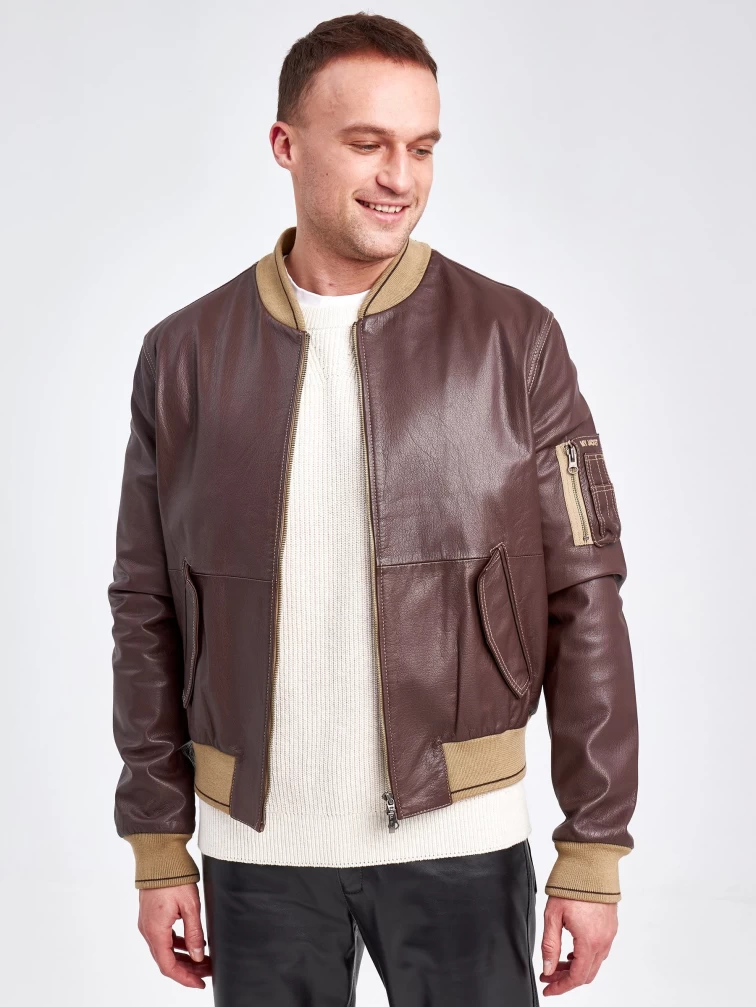 Кожаная куртка бомбер мужская 1119, коричневая, размер 48, артикул 29510-2