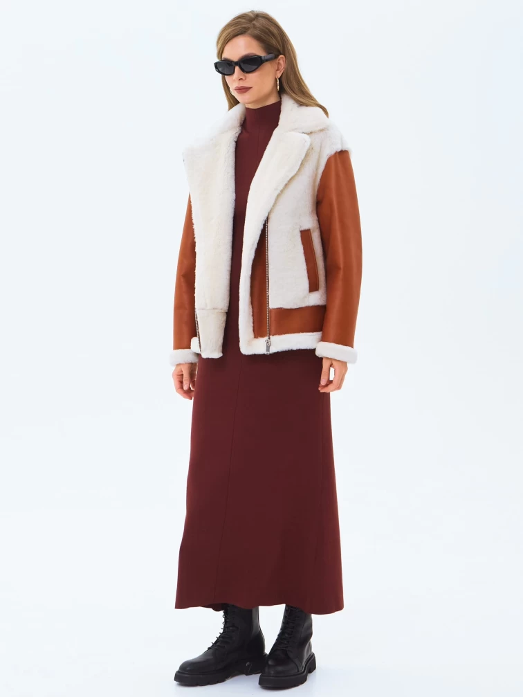 Короткая женская дубленка из натуральной овчины премиум класса 2066, виски, размер 44, артикул 64710-6