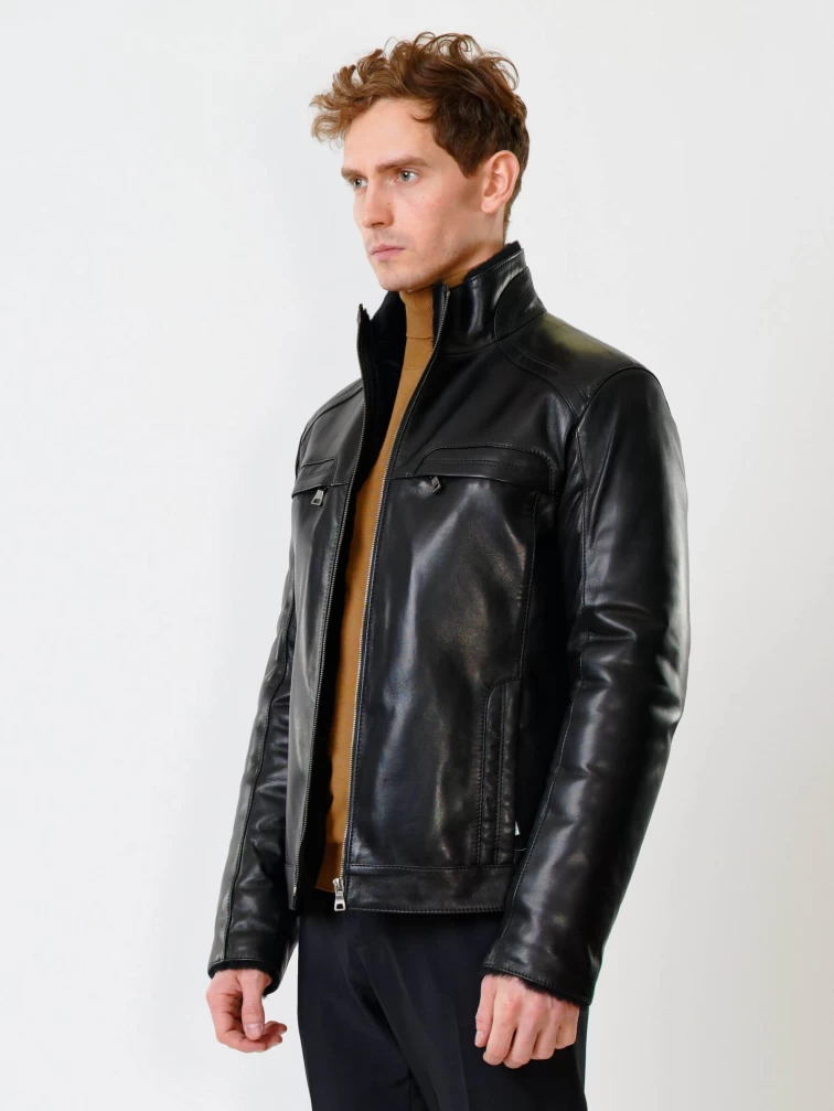 Короткая кожаная дубленка для мужчин 516, черная, размер 52, артикул 40210-2